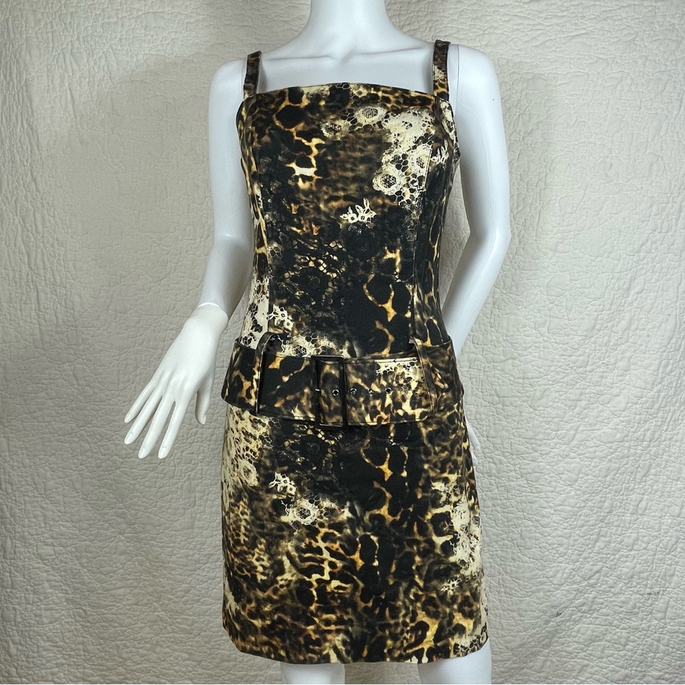 🔥VTG 80s Alberto Makali Leopard Belted Mini Bodycon Glam Retro Mob wife Dress